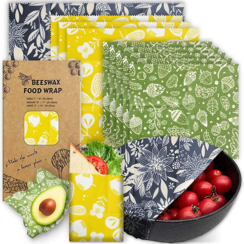 PICcircuit Organic Beeswax Wrap - Reusable Food Wrap Set, 9 Pack - 1L, 5M, 3S Flower Patterns - Sustainable, Sandwich Storage - Image 1